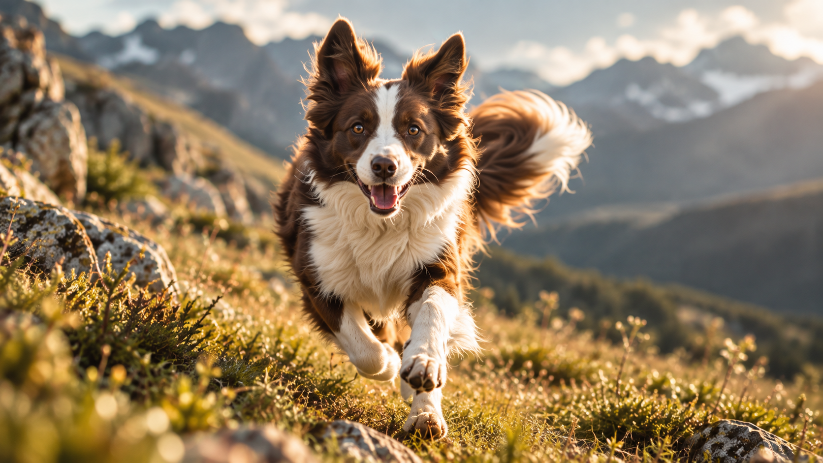 Active dog running through a mountain landscape