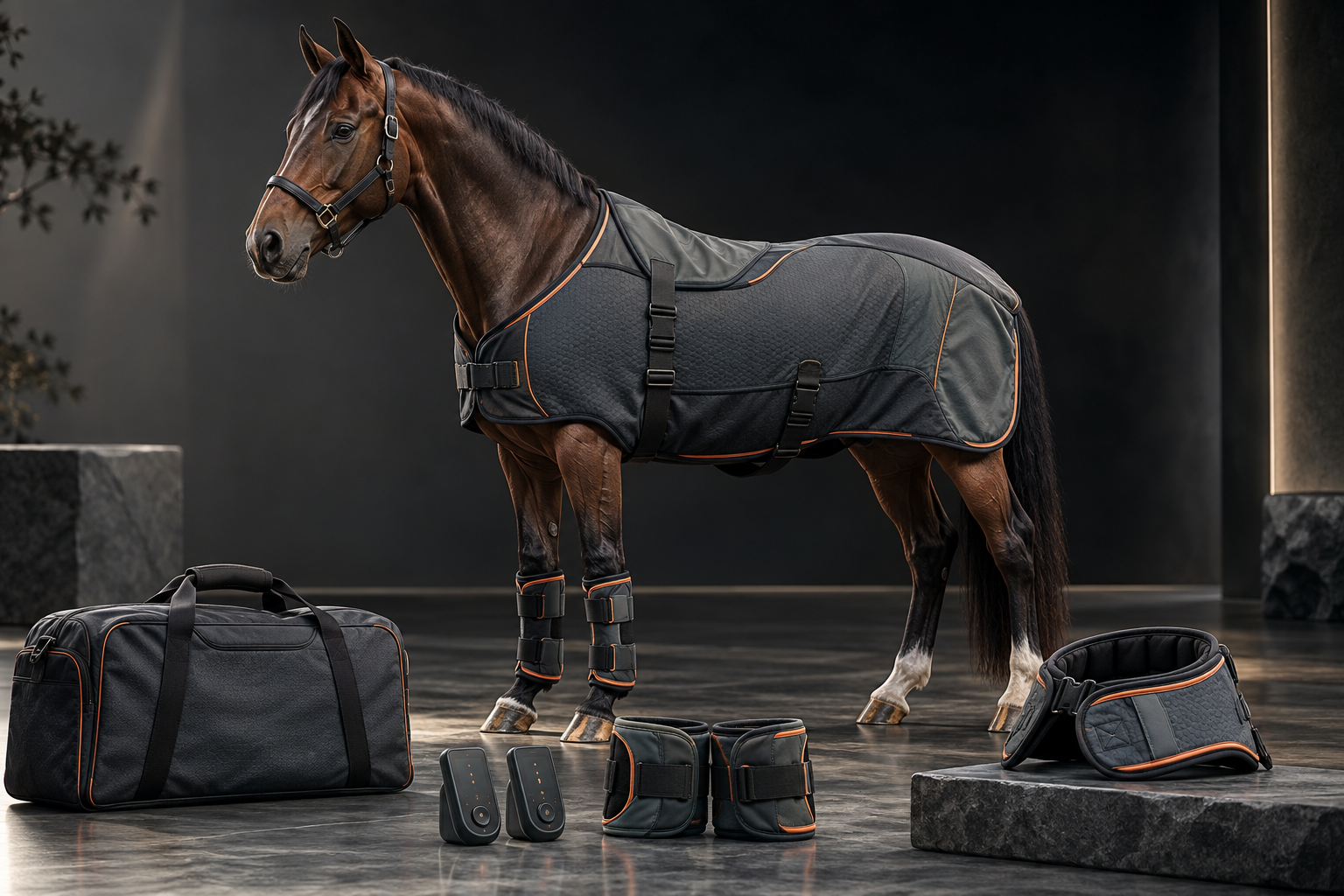 Horse wearing an equine application blanket with system accessories