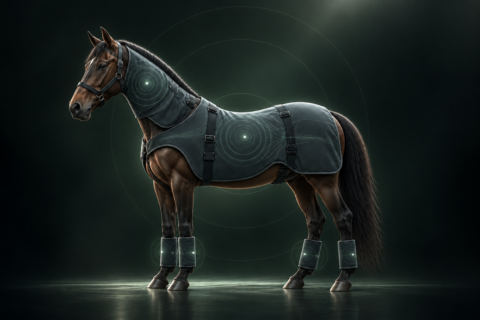 Horse wearing an equine application system with blanket and leg applicators