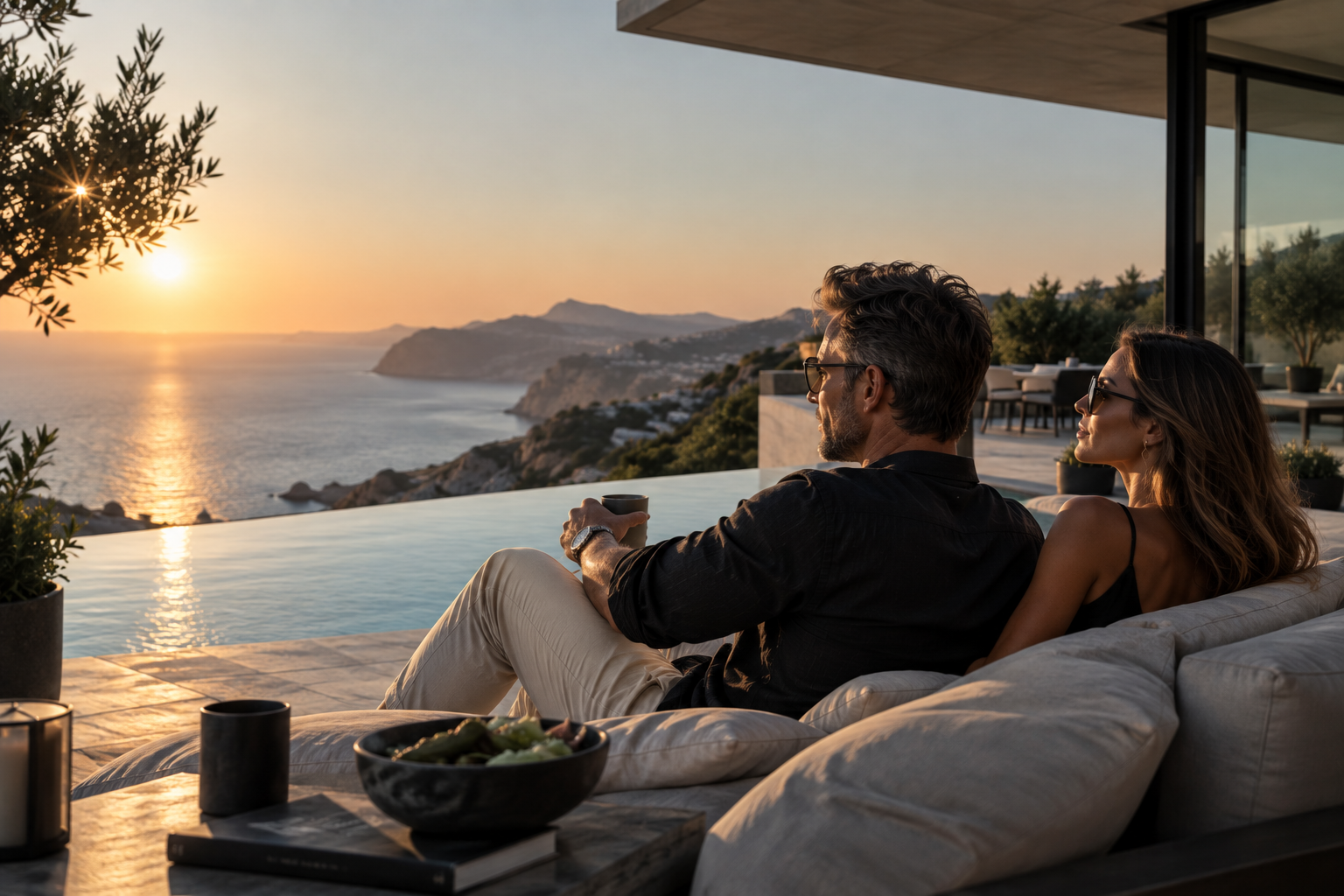 Couple overlooking the coast from a modern wellness retreat